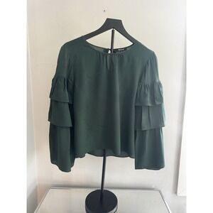 Madewell 100% Silk Tiered Sleeve Blouse‎ M Green Ruffle Top Holiday Fall Work